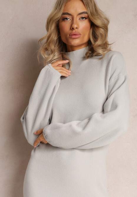 Jasnoszara Sukienka Mini Sweterkowa z Luźnymi Rękawami Falis