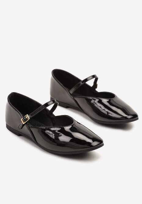 Czarne Błyszczące Balerinki Vices z Paseczkiem ze Sprzączką i Ozdobnym Przeszyciem Desorila