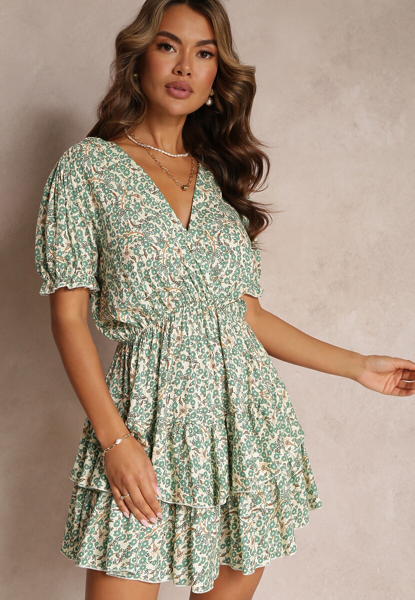 Żółto-Zielona Sukienka Mini z Gumką w Pasie i Kopertowym Dekoltem z Wiskozy Littlestar