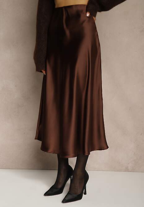Brązowa Satynowa Midi Spódnica Rozkloszowana z Gumką w Pasie i Suwakiem Leose