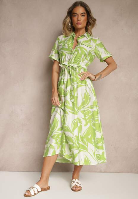 Zielona Koszulowa Sukienka z Wiskozy z Wiązanym Paskiem Ullosaria