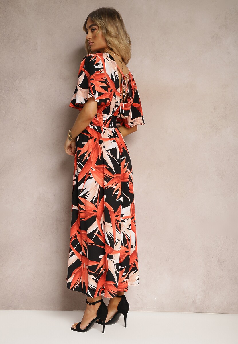 Czarno-Pomarańczowa Kopertowa Sukienka Wiązana na Plecach z Gumką w Talii Jeteri