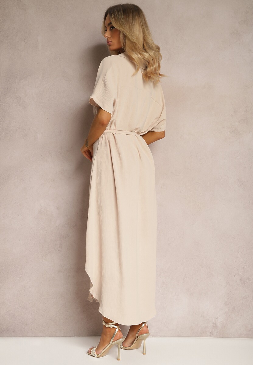 Beżowa Koszulowa Sukienka z Wiskozy z Materiałowym Paskiem w Talii Gialara