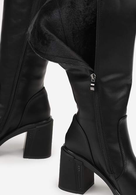 Czarne Kozaki VICES na Słupku ze Skóry Naturalnej Ozdobione Aplikacjami Refesa