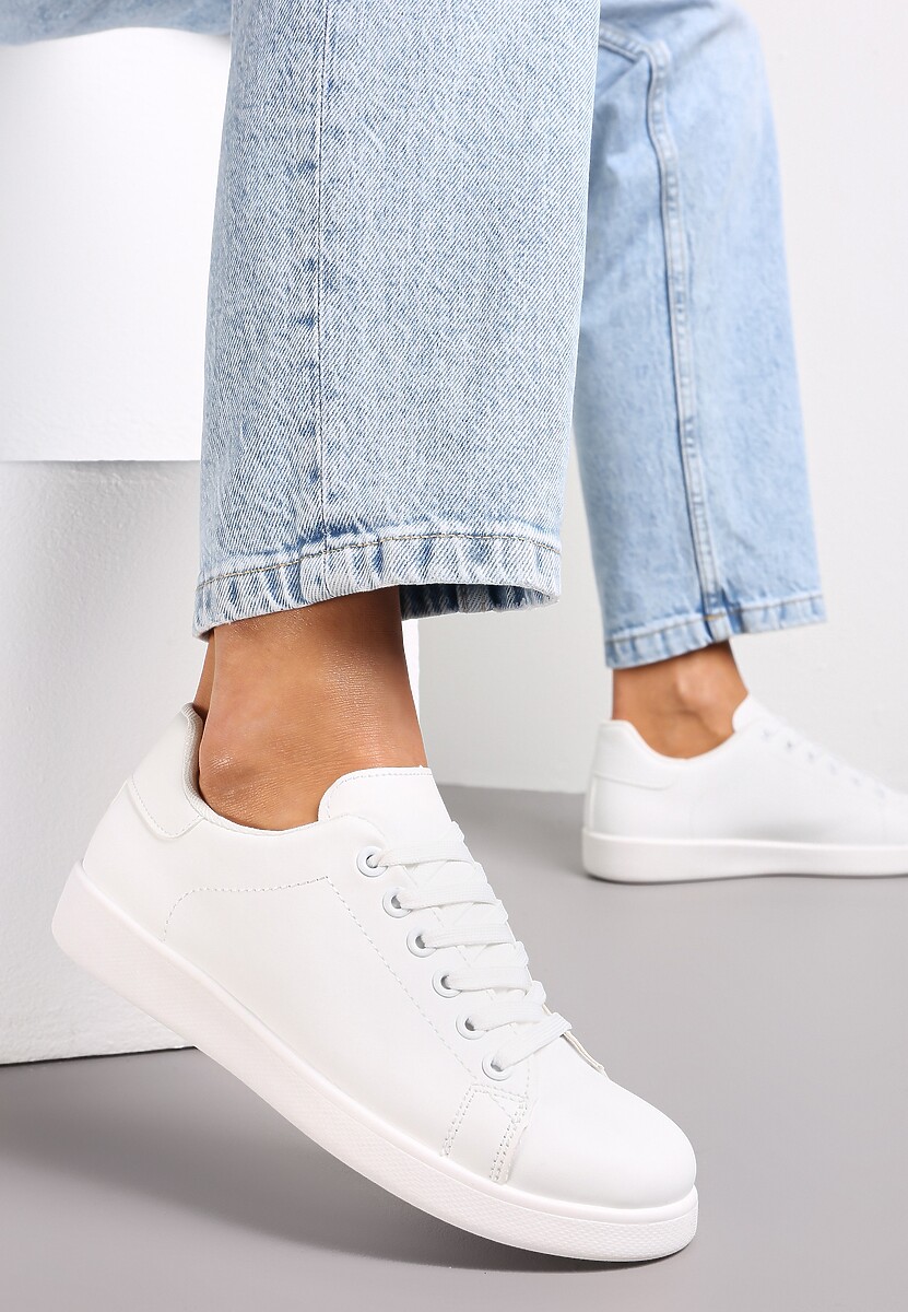 Białe Sneakersy na Płaskiej Podeszwie z Ozdobną Wstawką i Sznurowaniem Neotine