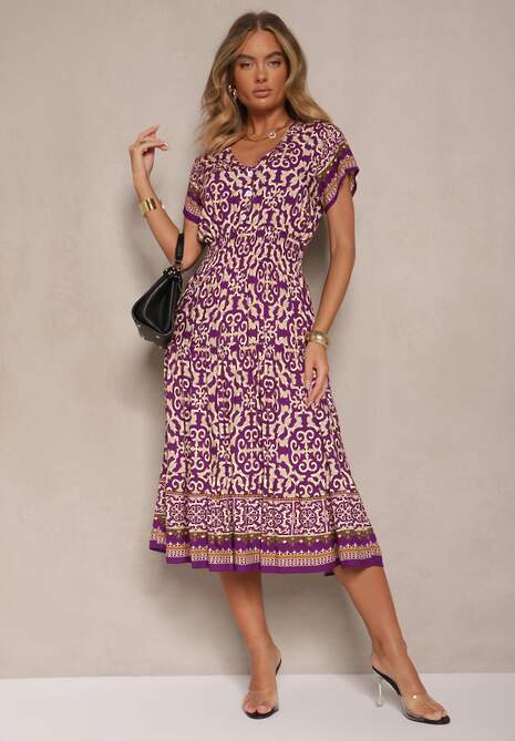 Ciemnofioletowa Sukienka z Bawełny z Gumką w Pasie i Ozdobnymi Guzikami Natifarela