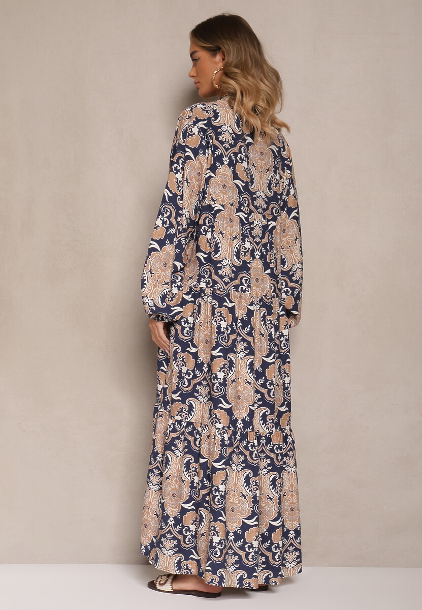 Niebieska Rozkloszowana Sukienka z Wiskozy z Dekoltem w Kształcie Litery V Atenavela