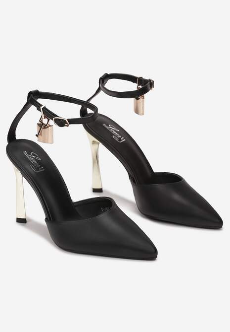 Czarne Czółenka z Noskiem w Szpic na Metalicznej Szpilce Scottlynn