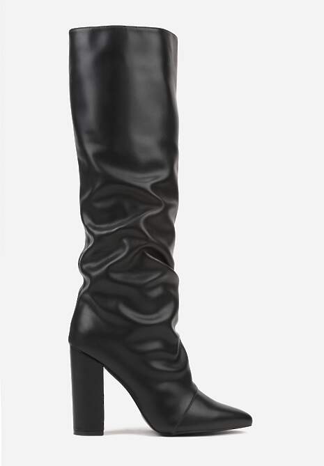 Czarne Marszczone Kozaki na Słupkowym Obcasie z Noskiem w Szpic Badara