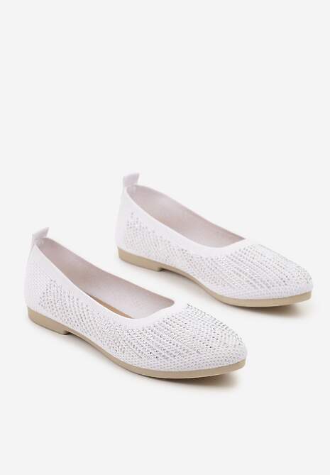 Białe Elastyczne Balerinki z Cholewką Zdobioną Metalicznymi Przeszyciami Elitella