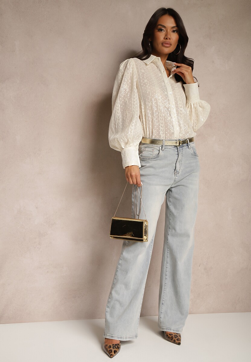 Beżowa Koszula z Przezroczystego Materiału z Cekinami Temithanel