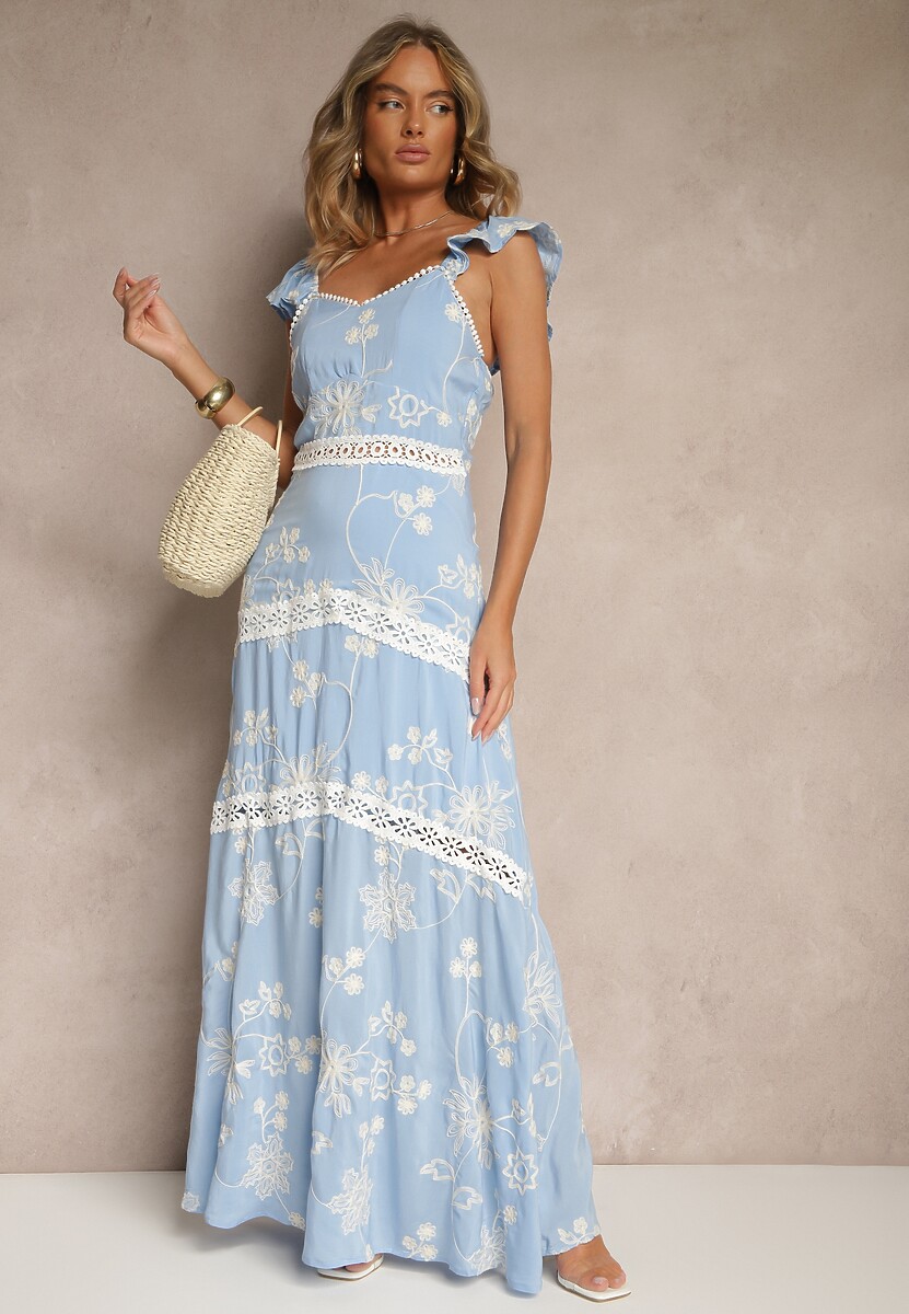 Niebieska Rozkloszowana Sukienka z Wiskozy z Haftami Lumirieve