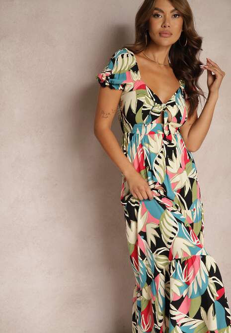 Czarna Rozkloszowana Kwiatowa Sukienka z Wiskozy Ozdobiona Falbanką i Wiązaniem Mevanya