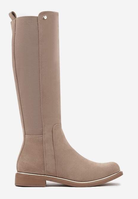 Beżowe Kozaki z Ekozamszu na Płaskiej Podeszwie w Stylu Oficerek z Gumką Ansista