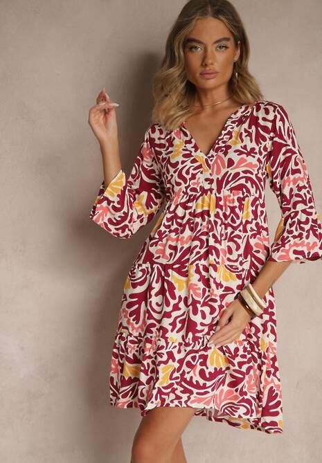 Żółto-Bordowa Sukienka z Wiskozy o Rozkloszowanym Kroju w Abstrakcyjny Wzór Lirese