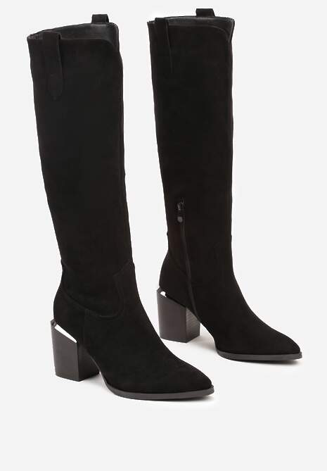 Czarne Kozaki Vices na Słupku Ozdobione Metaliczną Wstawką Moriane