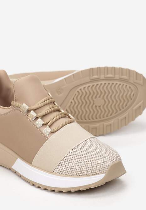 Ciemnobeżowe Sneakersy z Elastyczną Cholewką przed Kostkę i Brokatem Dalapa