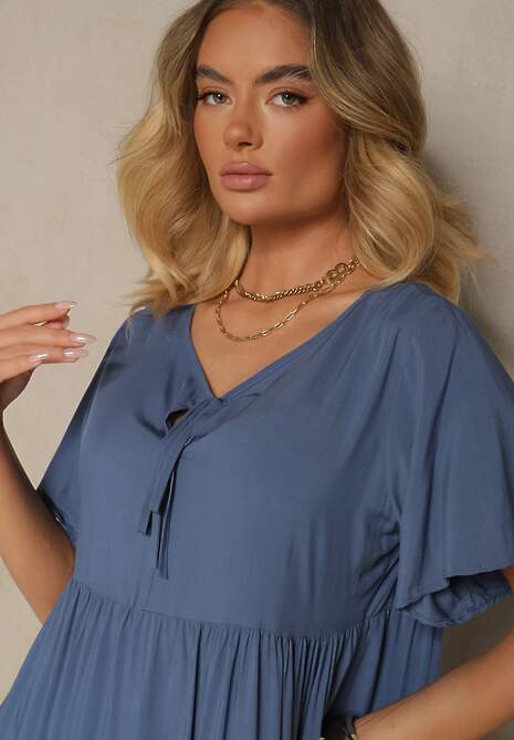 Niebieska Bawełniana Sukienka Rozkloszowana z Wiązaniem przy Dekolcie Mepova