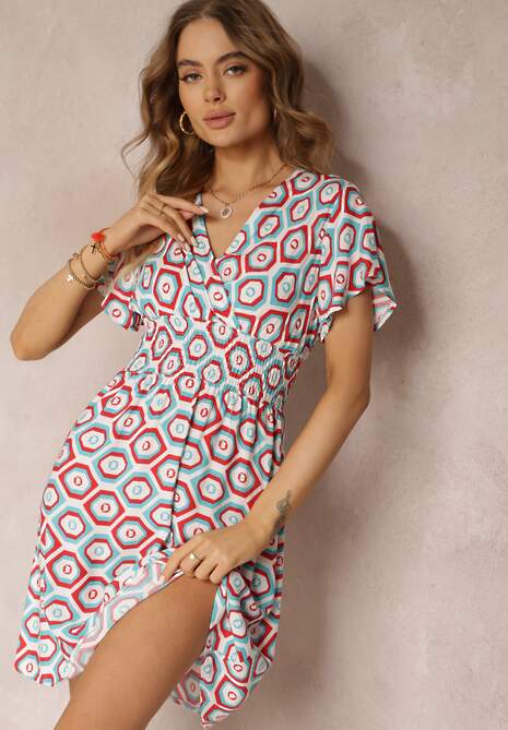 Czerwona Kopertowa Sukienka Mini z Gumką w Talii z Wiskozy Samata