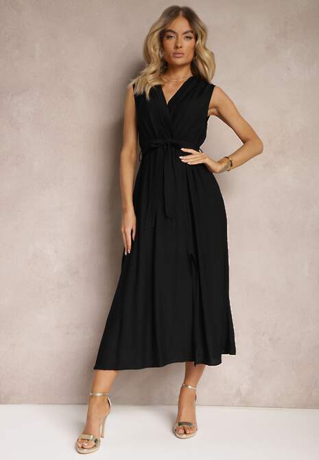 Czarna Kopertowa Sukienka z Wiskozą Gumką w Pasie i Dodatkowym Materiałowym Paskiem Hepvia