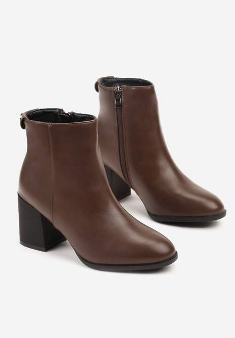 Brązowe Eleganckie Botki Vices na Słupku z Okrągłym Detalem przy Cholewce Widvire