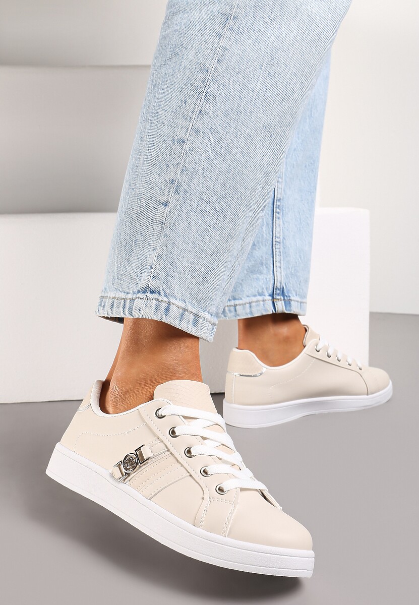 Beżowe Sneakersy z Ozdobną Klamrą i Cholewką przed Kostkę Teralis