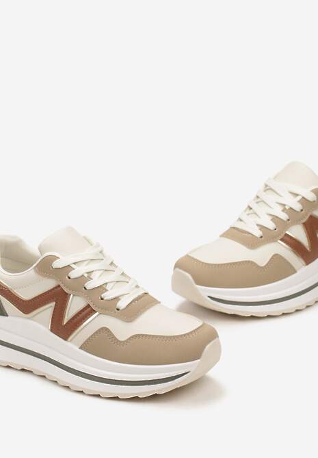 Ciemnobeżowe Sznurowane Sneakersy z Ekoskóry na Grubej Podeszwie Literna