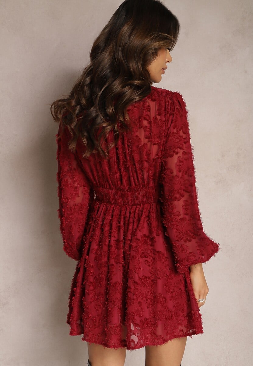 Bordowa Koronkowa Sukienka Mini z Gumką w Pasie Netta
