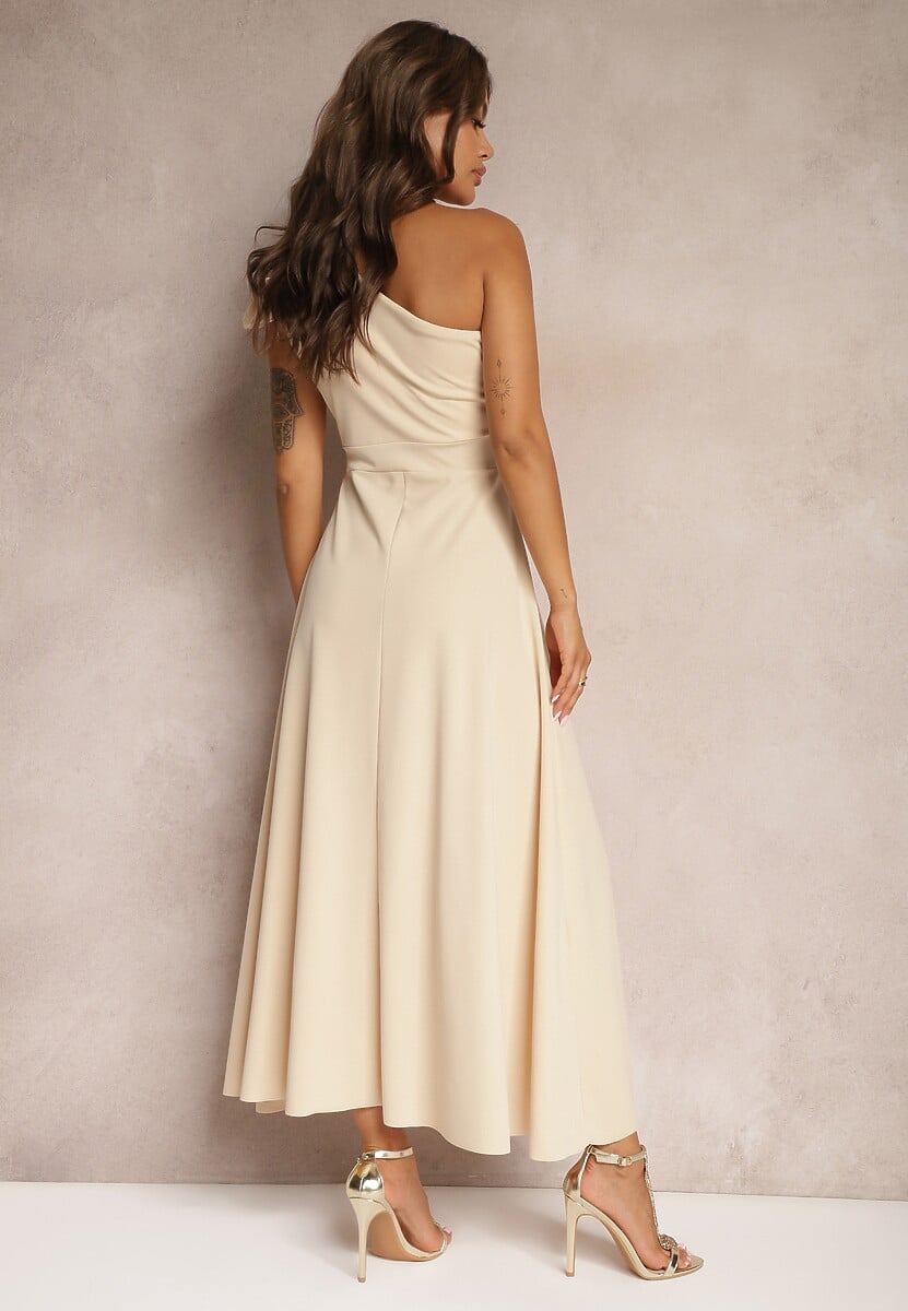 Beżowa Sukienka Koktajlowa o Asymetrycznym Kroju na Jedno Ramię Ozdobiona Kokardą Vimorissa