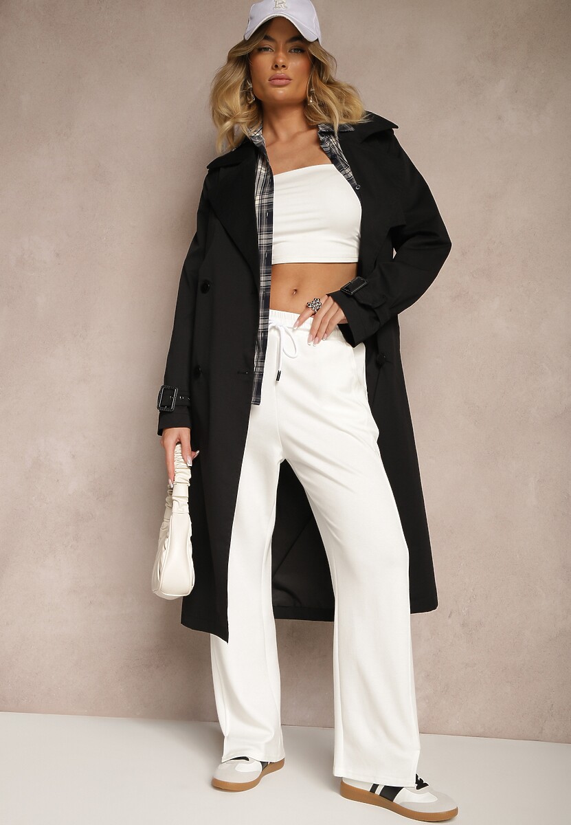 Czarny Dwurzędowy Płaszcz Trencz Ozdobiony Regulowanymi Paskami na Rękawach i w Talii Irisae