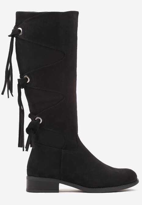 Czarne Ekozamszowe Kozaki z Cholewką Ozdobioną Frędzlami Realenna