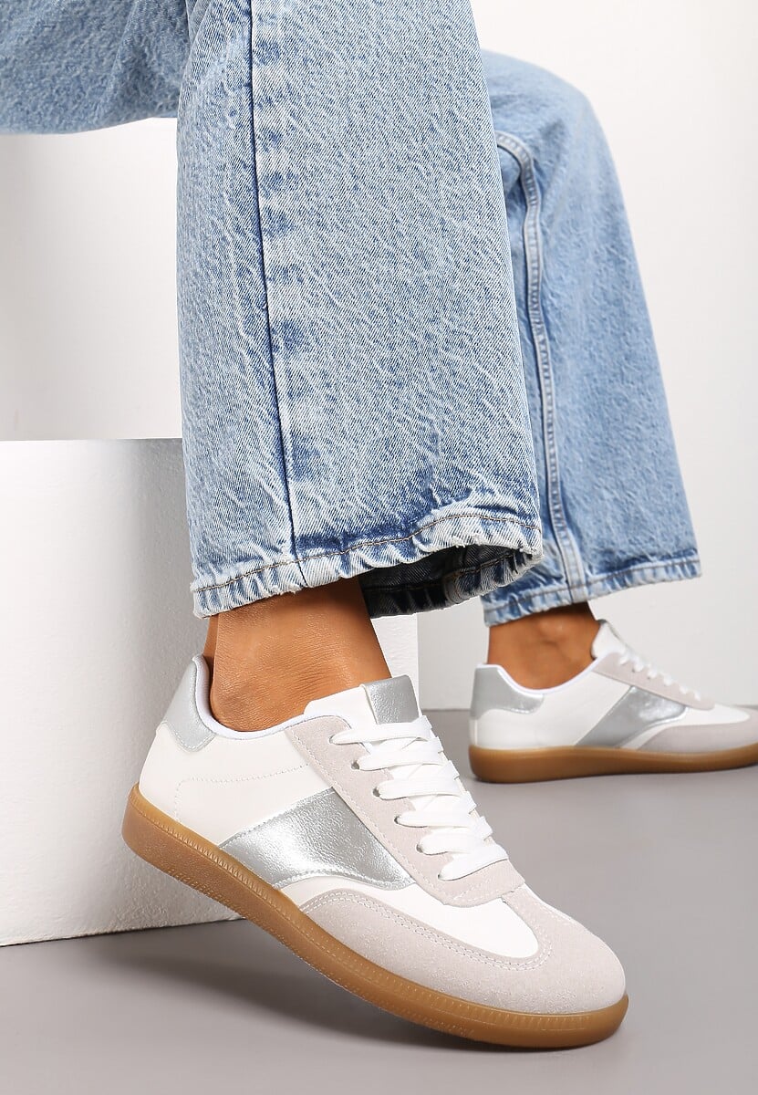 Biało-Srebrne Sneakersy Tenisówki z Klasycznym Sznurowaniem Norio