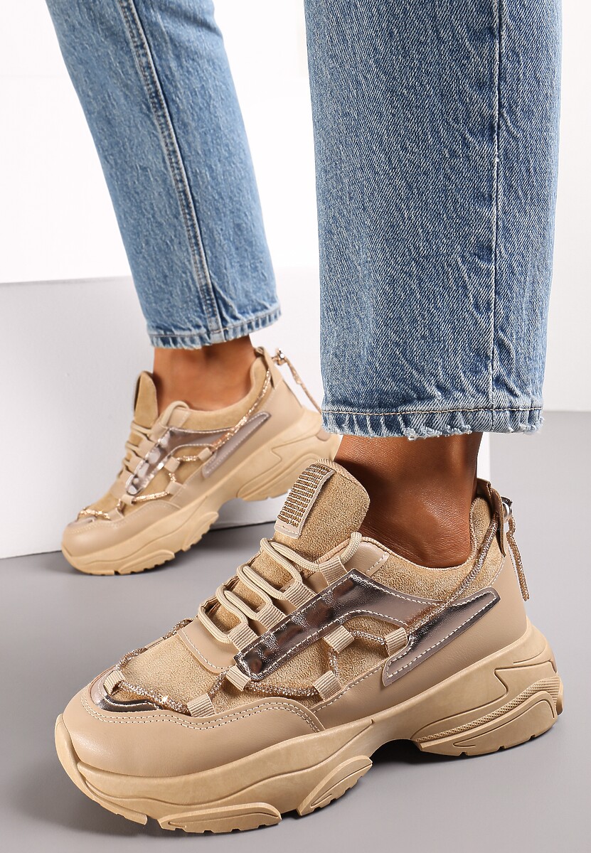 Ciemnobeżowe Sneakersy z Ozdobnym Sznureczkiem z Cyrkoniami Babeset