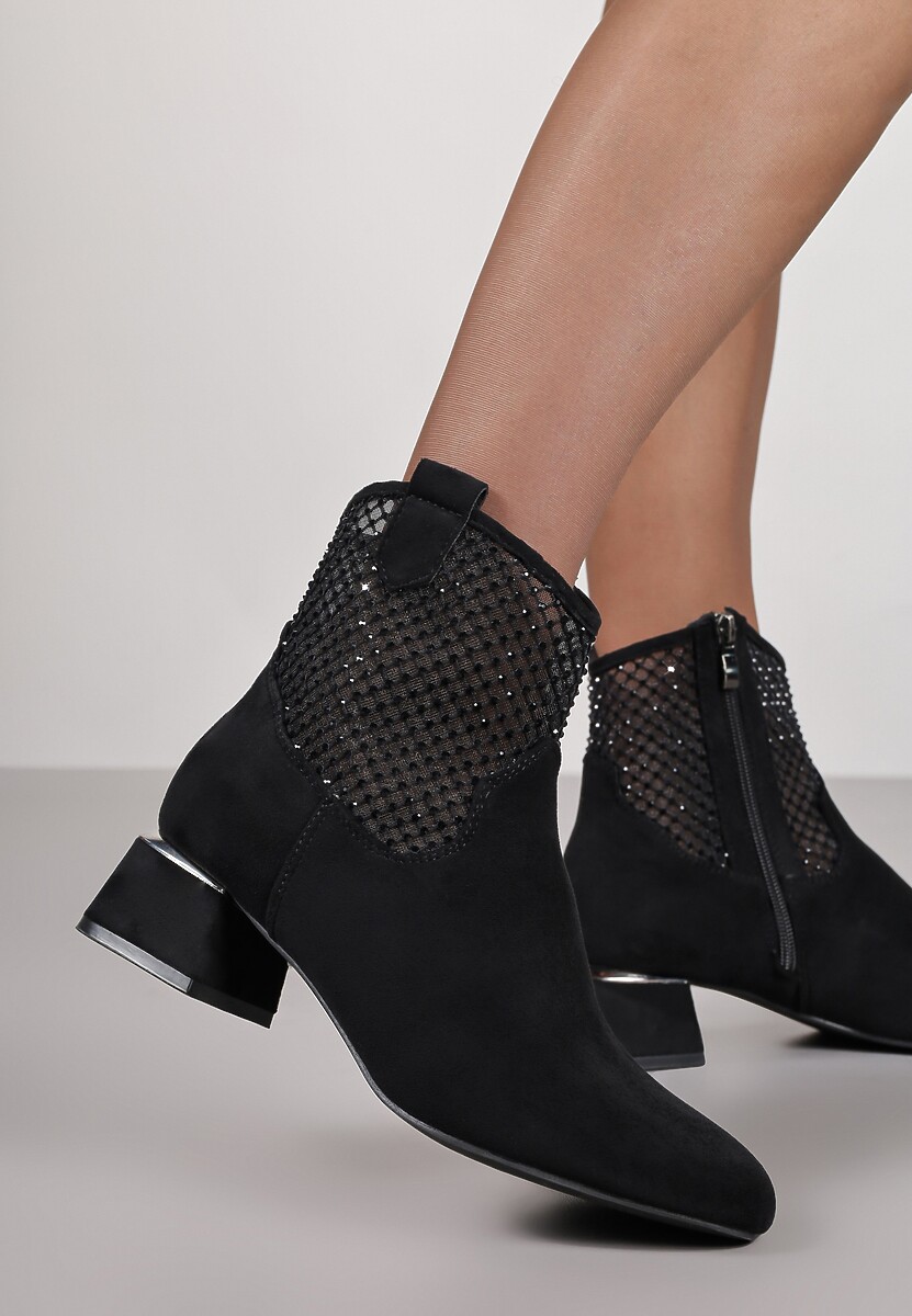 Czarne Botki na Słupku Vices Ozdobione Siateczką na Cholewce Deovenna