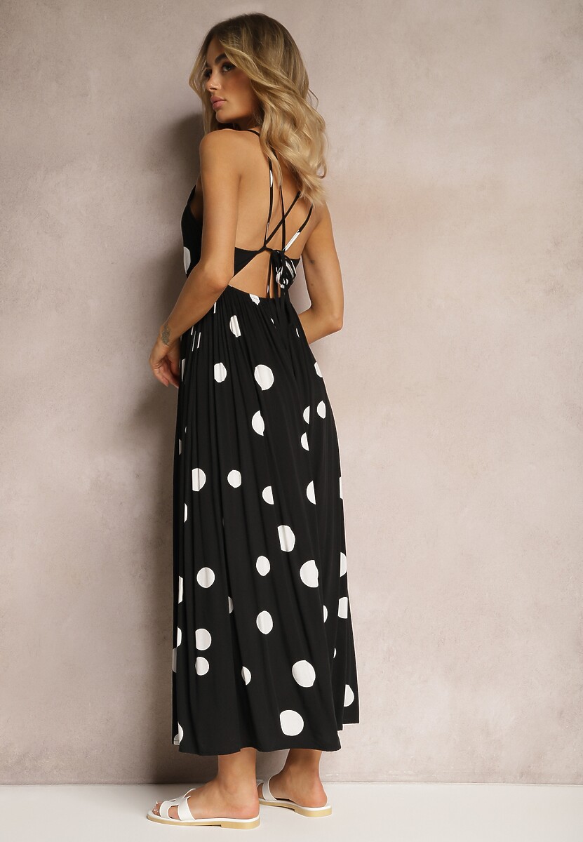 Czarna Wiskozowa Sukienka z Gumką w Pasie i Wiązaniem na Szyi i Plecach Kamaries