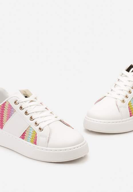Biało-Różowe Sznurowane Sneakersy z Ekoskóry z Plecionką i Metaliczną Wstawką Josephina