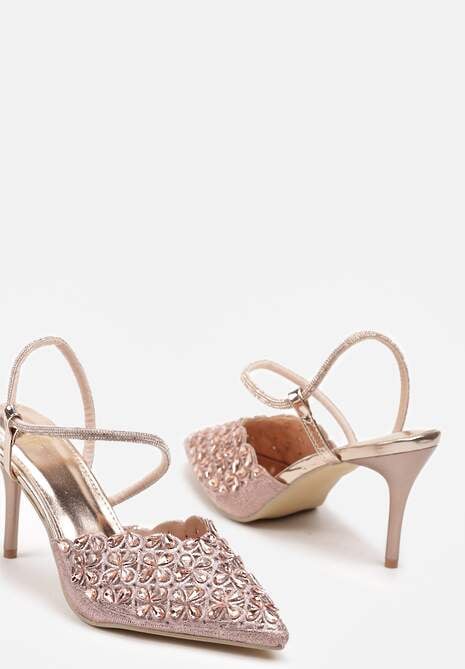 Szampańskie Sandały na Szpilce Slingback z Cyrkoniami Dimte