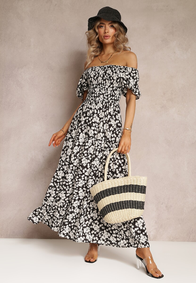 Żółta Trapezowa Sukienka Bawełniana w Kwiaty Cresenia