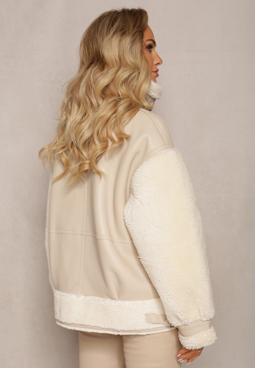 Jasnobeżowa Kurtka Ramoneska z Futerkiem Mysteri