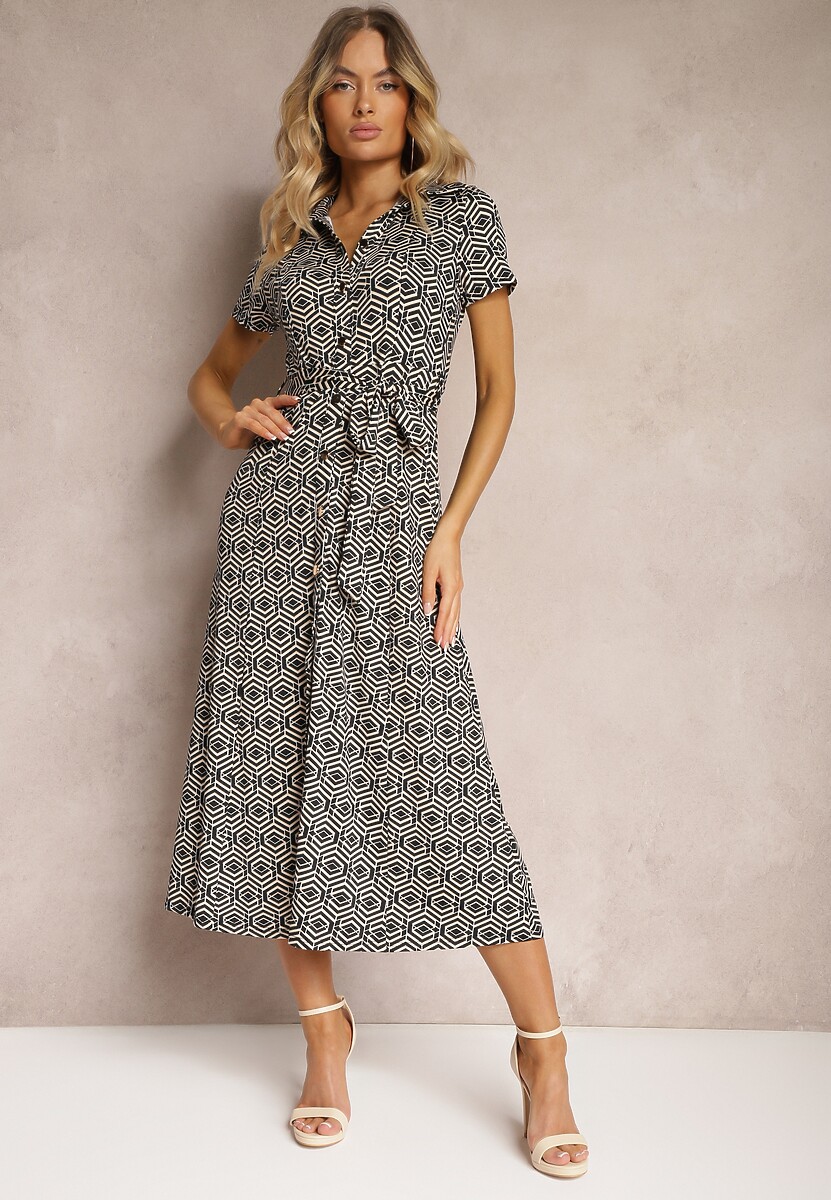 Czarna Koszulowa Sukienka w Geometryczny Wzór Zapinana na Guziki Xarrah