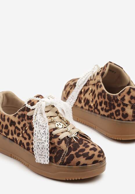 Panterkowe Sneakersy na Niskiej Platformie z Aplikacjami i Kokardkami Divienne