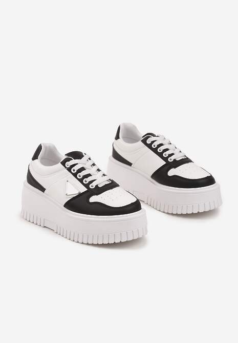 Biało-Czarne Sneakersy na Platformie z Tłoczeniem Halinea