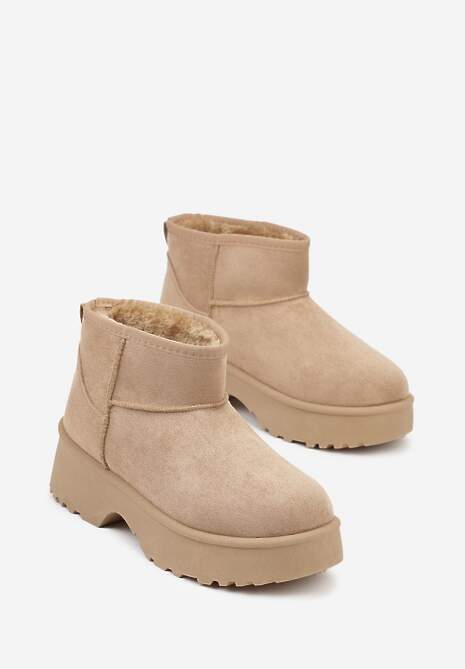 Ciemnobeżowe Śniegowce z Imitacji Zamszu o Wsuwanym Fasonie na Platformie Reilessa