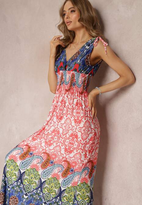 Czerwono-Granatowa Sukienka Maxi w Stylu Boho z Gumką w Pasie Bernette