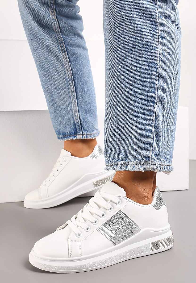 Biało-Srebrne Sneakersy z Metalicznymi Wstawkami i Cyrkoniami na Grubej Podeszwie Wirela