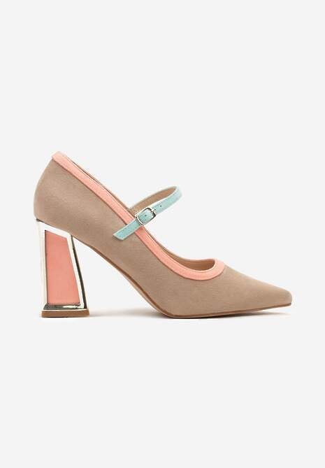 Ciemnobeżowe Czółenka na Słupku z Metaliczną Wstawką i Paskiem Linnelea