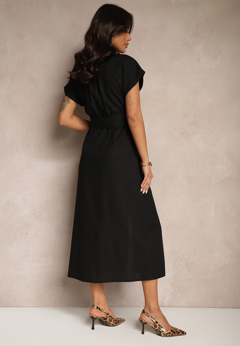 Czarna Koszulowa Sukienka z Bawełny na Krótki Rękaw z Materiałowym Paskiem Celirna