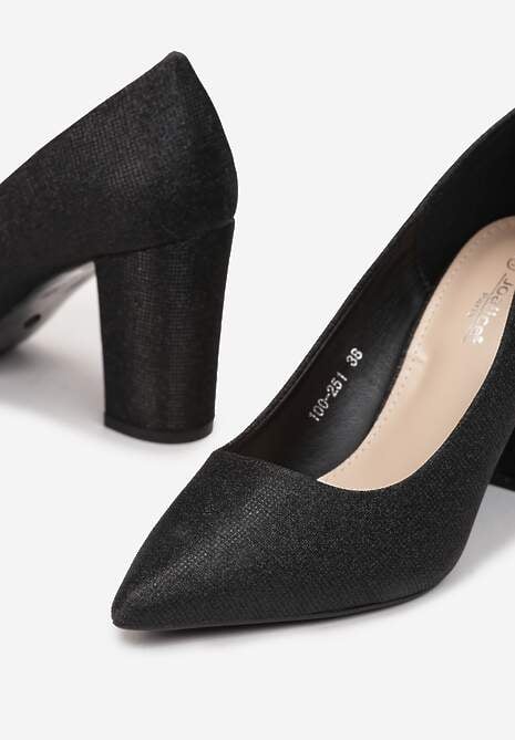 Czarne Brokatowe Czółenka na Obcasie z Noskiem w Szpic Navo