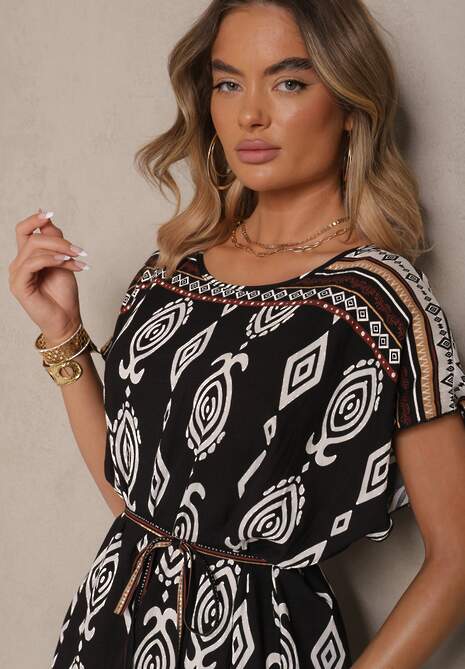 Czarna Wiskozowa Sukienka o Pudełkowym Kroju w Etniczny Print Miriliana