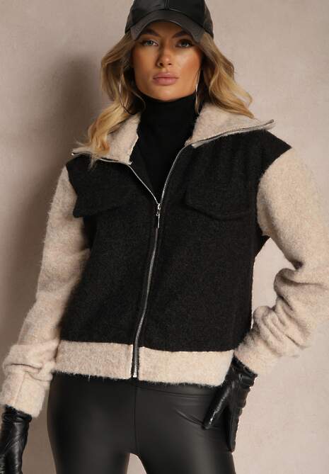 Czarna Przejściowa Kurtka Boucle z Wysokim Kołnierzem i Imitacją Kieszeni Lilarra